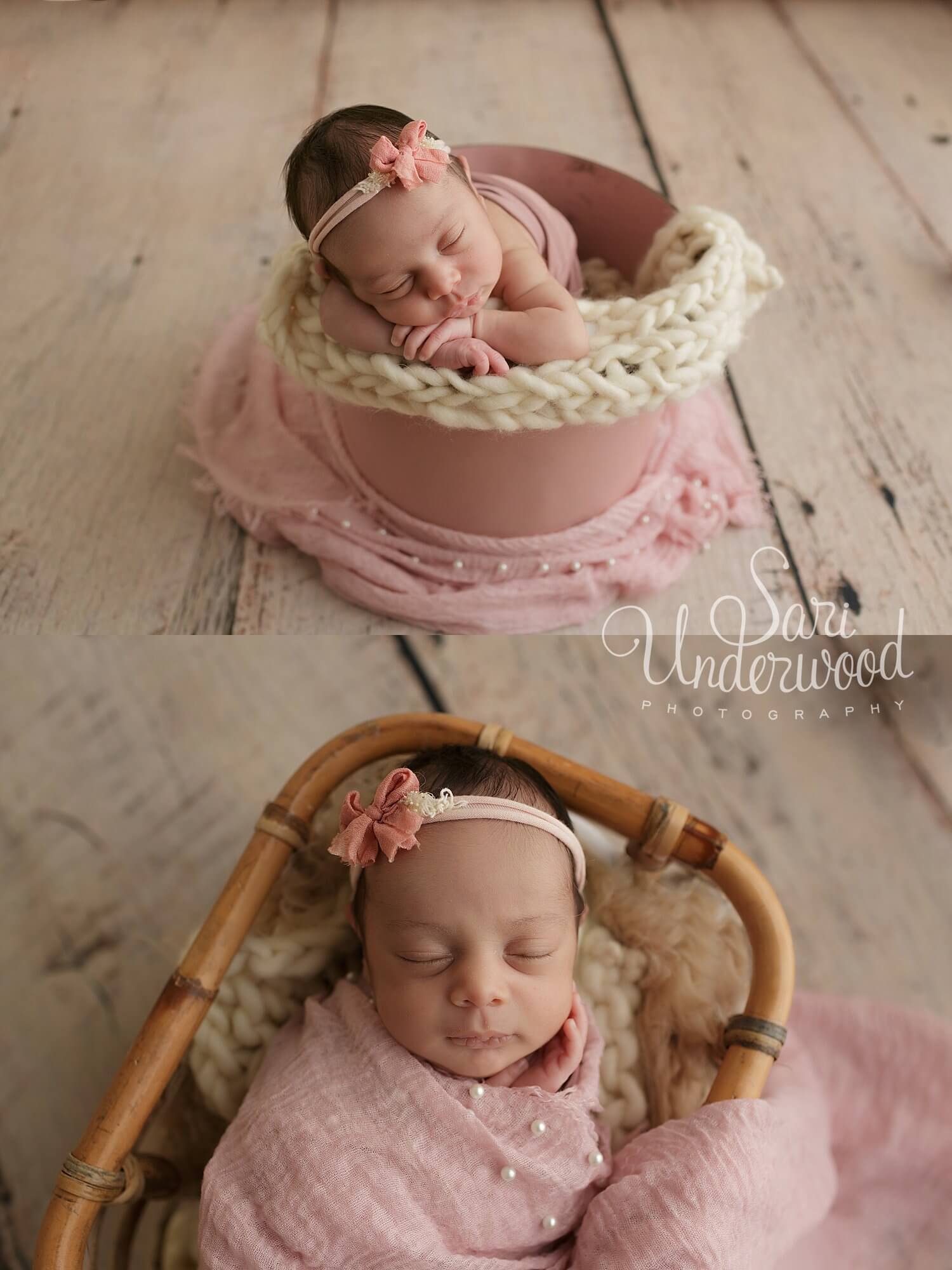posed newborn girl in bucket and basket